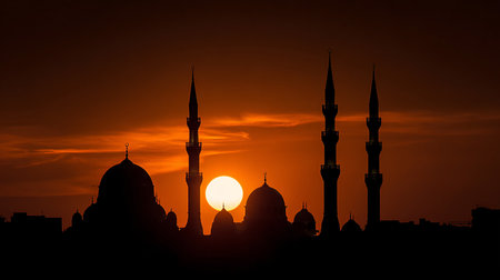 Silhouette of mosque at sunset. Ramadan Kareem background.の素材