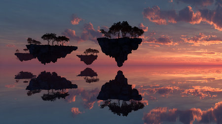 Trees on island in the sea at sunset. 3d renderの素材