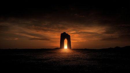 Dramatic sunset with an arch in the foreground. 3d renderingの素材