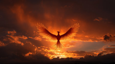 Silhouette of a phoenix bird on a sunset background.の素材