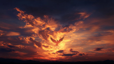 Silhouette of a bird in the sky with clouds at sunsetの素材