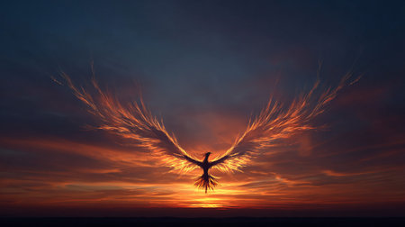 Silhouette of a bird with wings in the sky at sunsetの素材