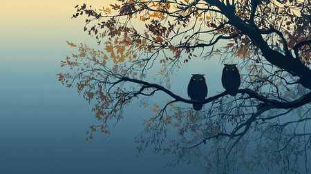 Owls sitting on the branches of a tree. Vector illustration.の素材
