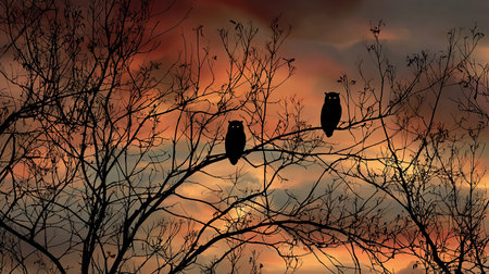 Silhouette of owls sitting on tree branches at sunset.の素材