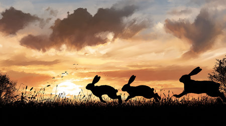 Silhouette of rabbits running in the meadow at sunset.の素材