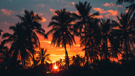 Silhouette of coconut palm trees at sunset. Tropical background.の素材