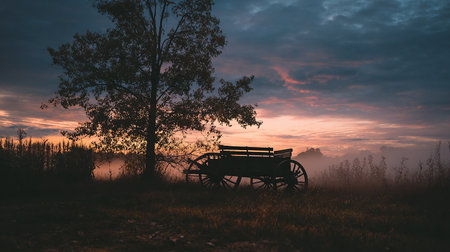 Old wooden cart on a meadow at sunset. Vintage style.の素材