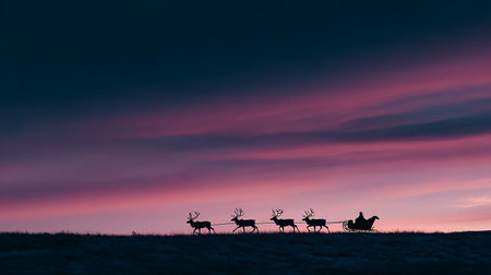 Santa Claus with his sleigh pulled by his reindeers at sunsetの素材