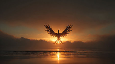 Silhouette of an eagle flying in the sunset over the seaの素材