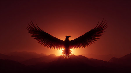 Silhouette of an eagle at sunset. 3D rendering.の素材