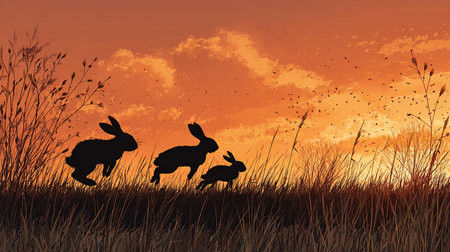 Rabbit family in grassland at sunset background. Vector illustration.の素材