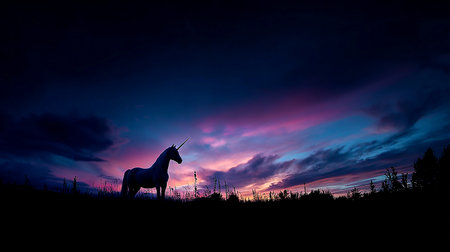 Silhouette of a unicorn against the backdrop of a beautiful sunset.の素材