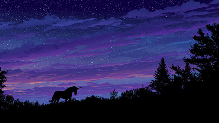 Horse silhouette against the background of the night sky with stars.の素材