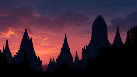 Silhouette of pagodas at sunset. Vector illustration.の素材