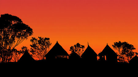 Silhouette of a village with thatched houses and trees during sunsetの素材