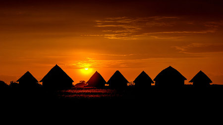 Silhouette of a hut at sunset in the tropics.の素材