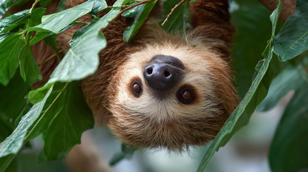 Close up of a cute baby sloth climbing on a tree.の素材