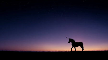 Silhouette of a unicorn in the savannah at night.の素材