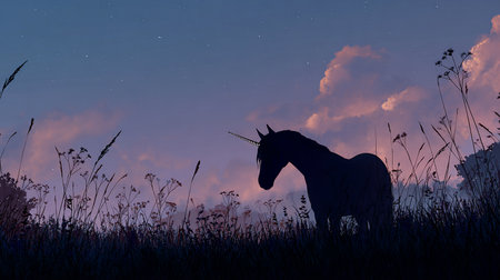 Unicorn in the meadow at night. 3d renderの素材