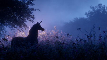 Silhouette of a unicorn in the meadow at dawn.の素材