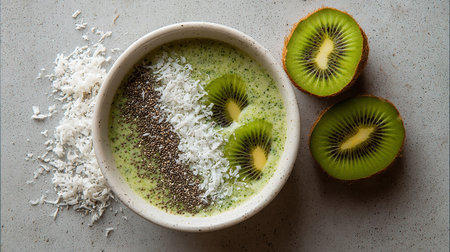 Green smoothie bowl with kiwi and chia seeds.の素材