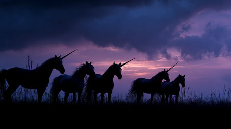Silhouette of unicorns in the meadow at sunset.の素材