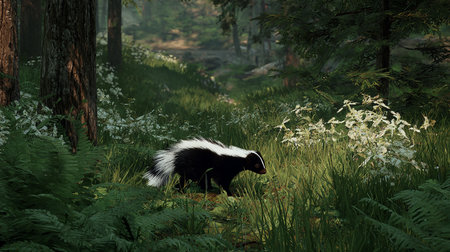 Black and white skunk in the forest with green grass and flowersの素材