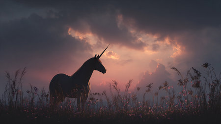 Unicorn in the meadow at sunset, 3d renderの素材