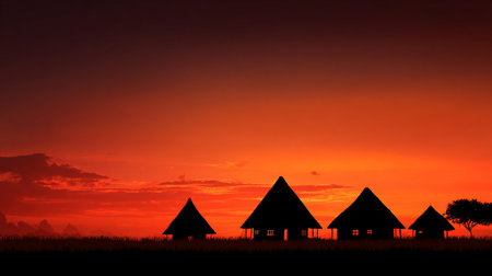 Silhouette of a hut at sunset in the savannah.の素材