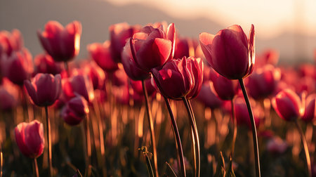 Colorful tulip flowers blooming in the field at sunset.の素材