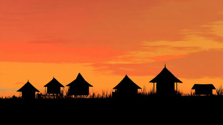 Silhouette of thai house at sunset, vector illustration.の素材