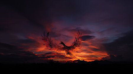 Silhouette of a peacock flying in the sky at sunsetの素材
