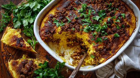 Casserole with meat, rice and herbs on a wooden tableの素材
