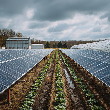 solar energy in the field with rows of young cabbage plants and cloudy skyの素材