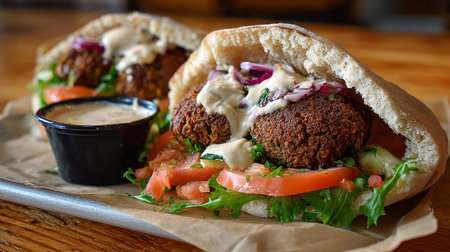 Tasty falafel with fresh salad and sauce on wooden tableの素材