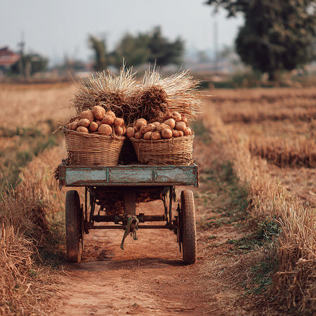 Harvested potatoes on a cart in the countryside of Vietnam.の素材