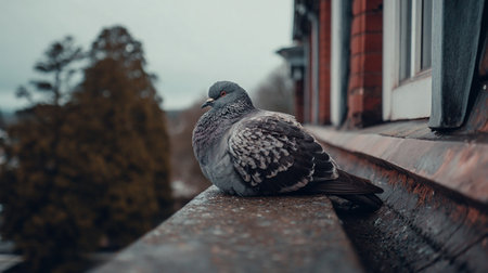 Pigeon sitting on the roof of an old house. Selective focus.の素材