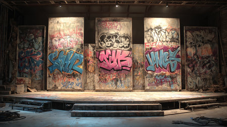 Graffiti on the wall in an abandoned factory, closeup of photoの素材