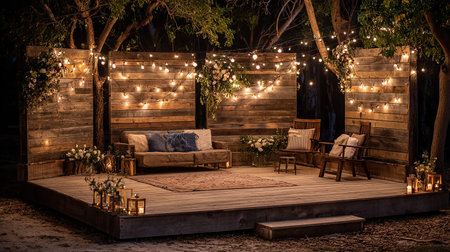 Wedding ceremony in the garden at night with lights and furnitureの素材