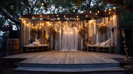 Wedding ceremony in the garden at night with garland lightsの素材