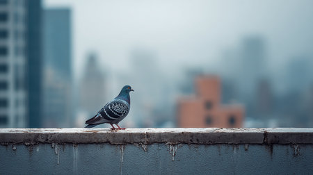 Pigeon sitting on a wall with cityscape in the backgroundの素材