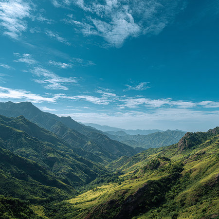 Mountain landscape with blue sky and white clouds in the morning.の素材