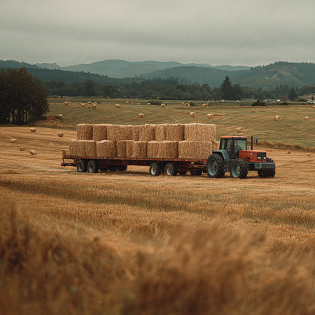 Agricultural field with hay bales. Tractor with hay balesの素材