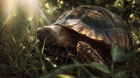 African spurred tortoise (Geochelone sulcata) in the grassの素材