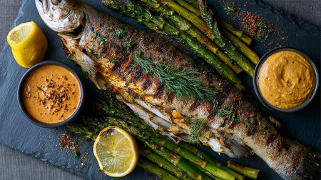 Grilled rainbow trout with asparagus, lemon and mustard on black background.の素材