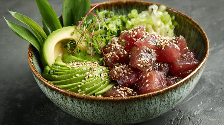Hawaiian tuna poke bowl with avocado, sesame seeds and cucumberの素材