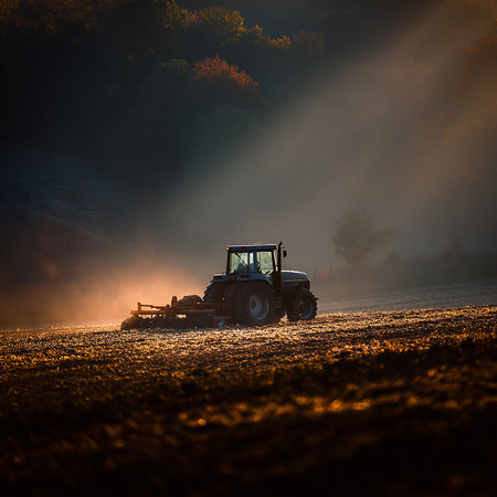 Tractor working on the field at sunset. Tractor preparing land for sowingの素材