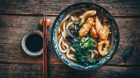 Japanese miso soup with shrimps and seaweed on wooden backgroundの素材
