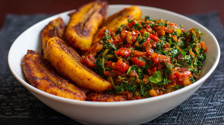 Fried bananas with spinach and tomato sauce on a white plate.の素材