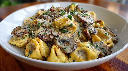 Italian ravioli with mushrooms and parmesan on a plateの素材